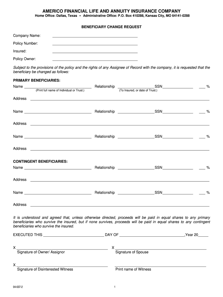 Americo Beneficiary Change Request Fill Out And Sign Printable PDF