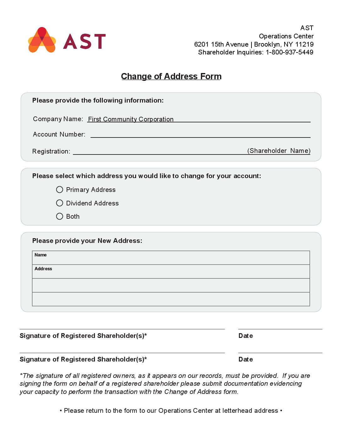 AST Change of address form First Community Bank