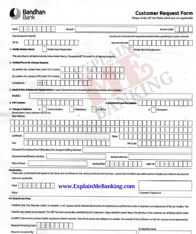 Bandhan Bank Mobile Number Change Form PDF Download Registration Form