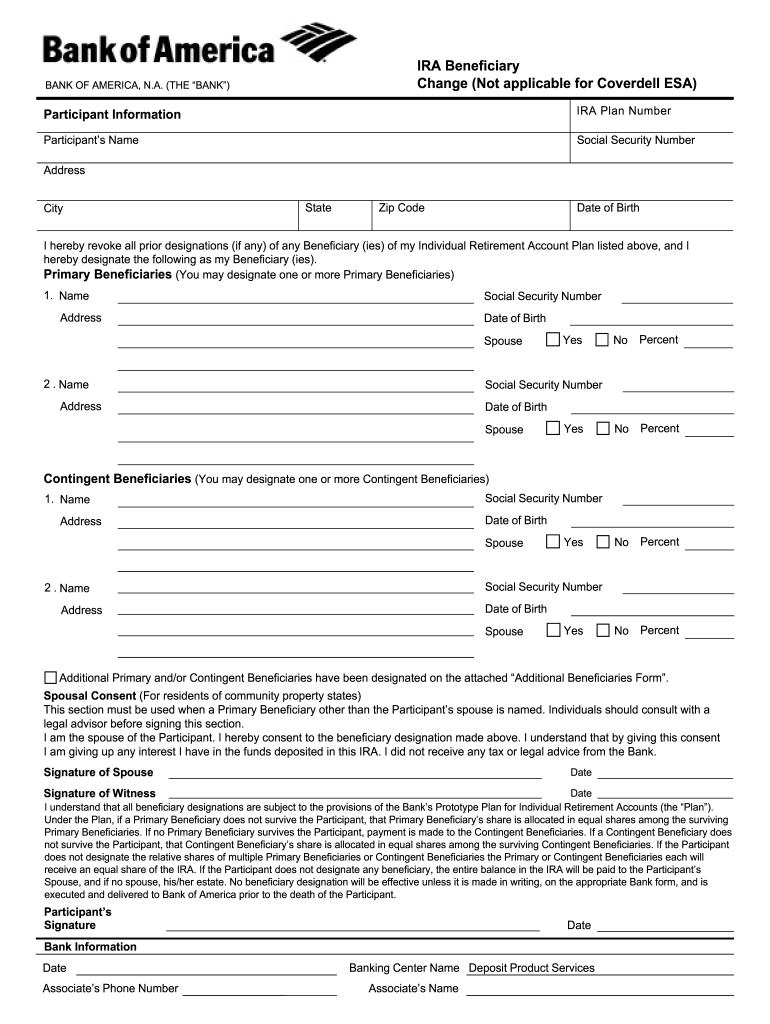 Bank Of America IRA Beneficiary Change Fill And Sign Printable