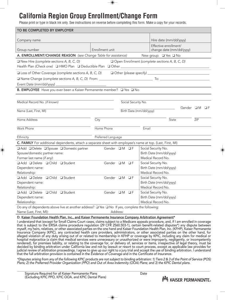 CA Kaiser Permanente Region Group Enrollment Change Form 2011 Fill