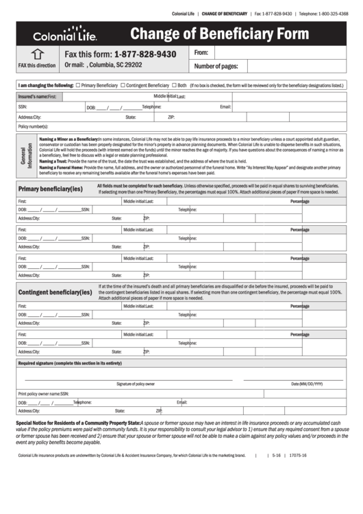 Change Of Beneficiary Form Printable Pdf Download