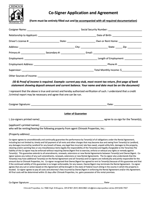 Co Signer Application And Agreement Printable Pdf Download