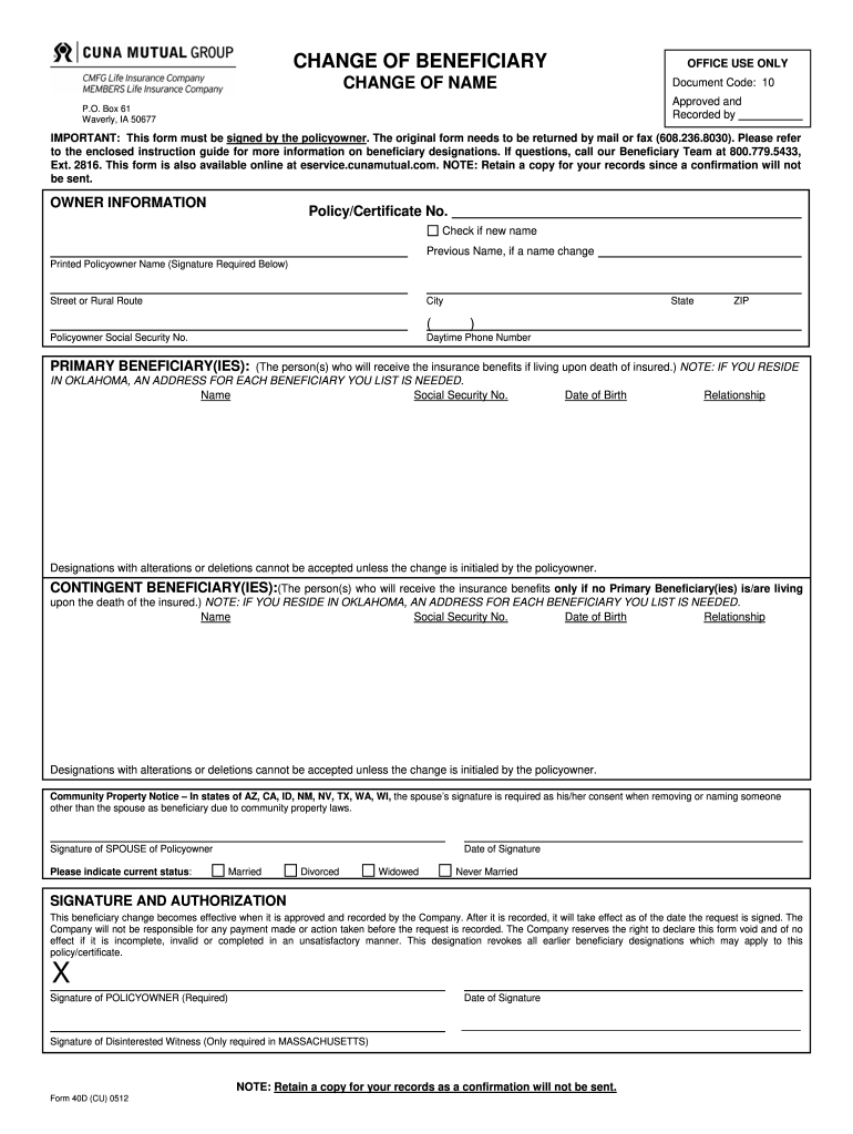 Cuna Mutual Life Insurance Change Beneficiary Form Fill Online
