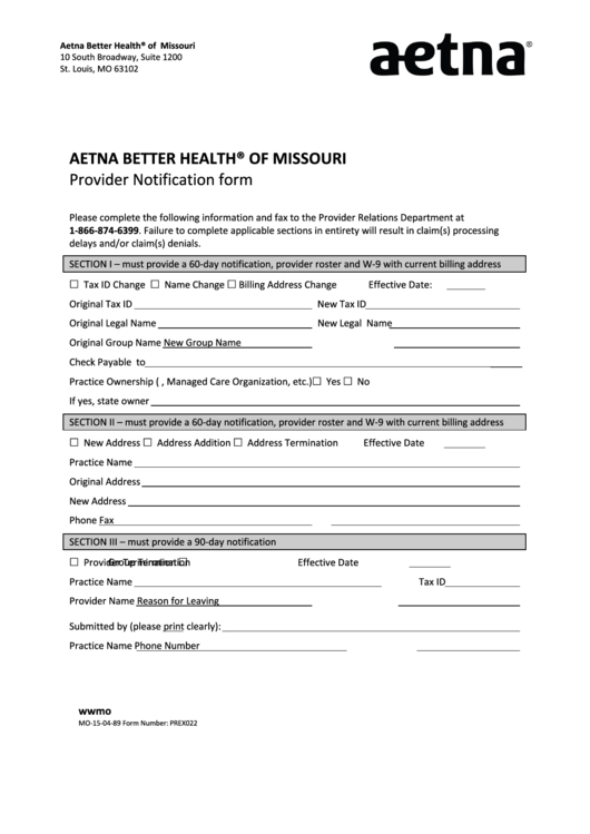 Fillable Aetna Better Health Of Missouri Provider Notification Form