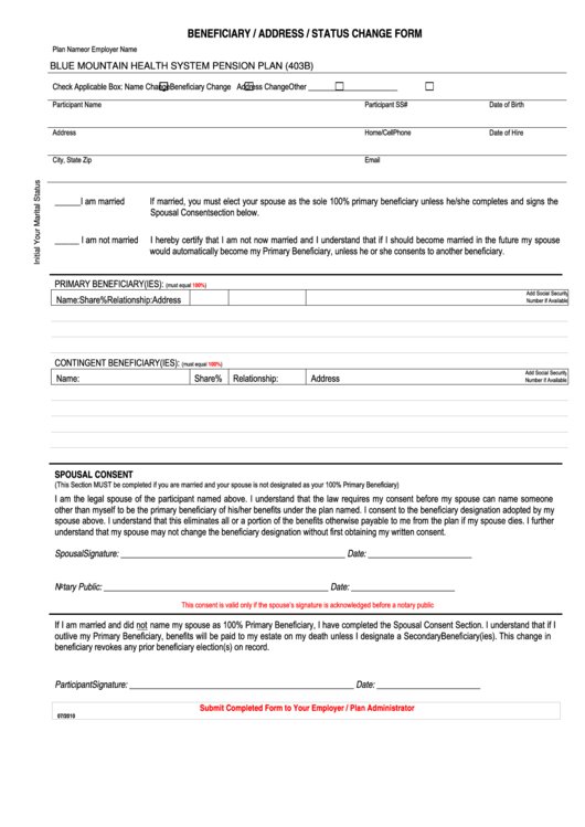 Fillable Beneficiary address status Change Form Printable Pdf Download