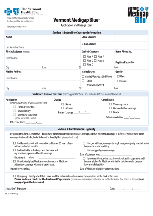 Fillable Form 280 277 Bcbs Vermont Medigap Blue Application And
