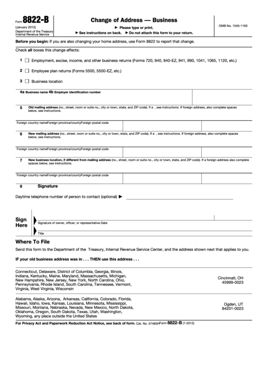 Fillable Form 8822 B Change Of Address Business 2012 Printable Pdf