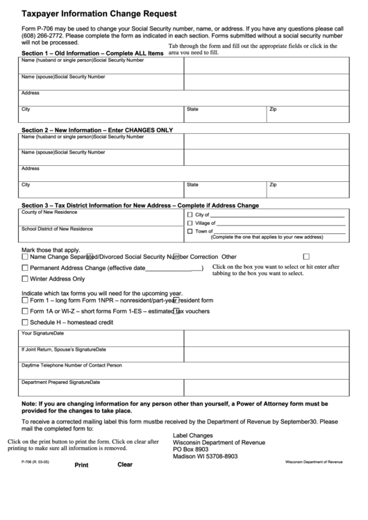Fillable Form P 706 Taxpayer Information Change Request Wisconsin