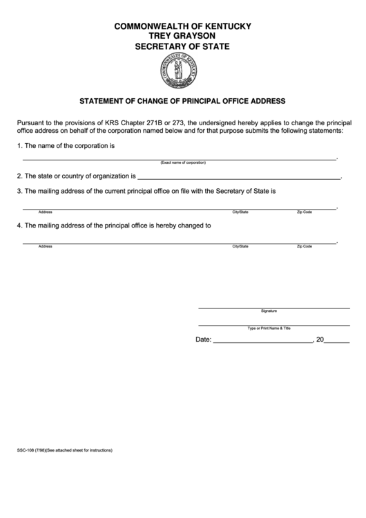 Fillable Form Ssc 108 Statement Of Change Of Principal Office Address 