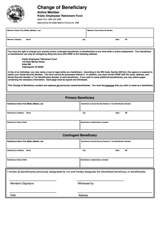 Fillable State Form 1856 Change Of Beneficiary Active Member Public