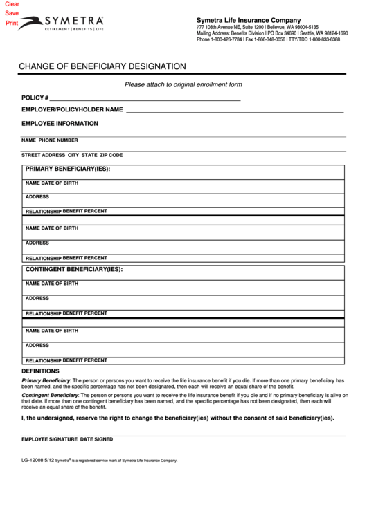 Fillable Symetra Beneficiary Change Form Printable Pdf Download