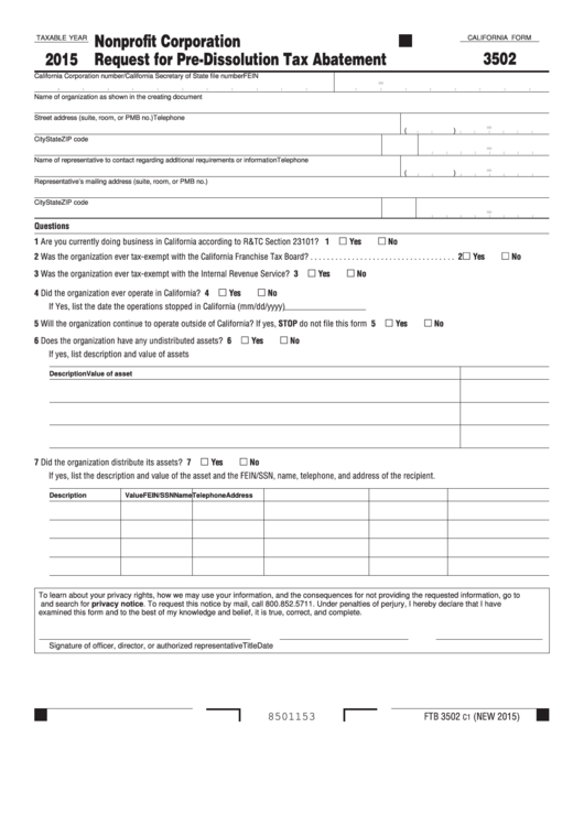 Form 3502 California Nonprofit Corporation Request For Pre 
