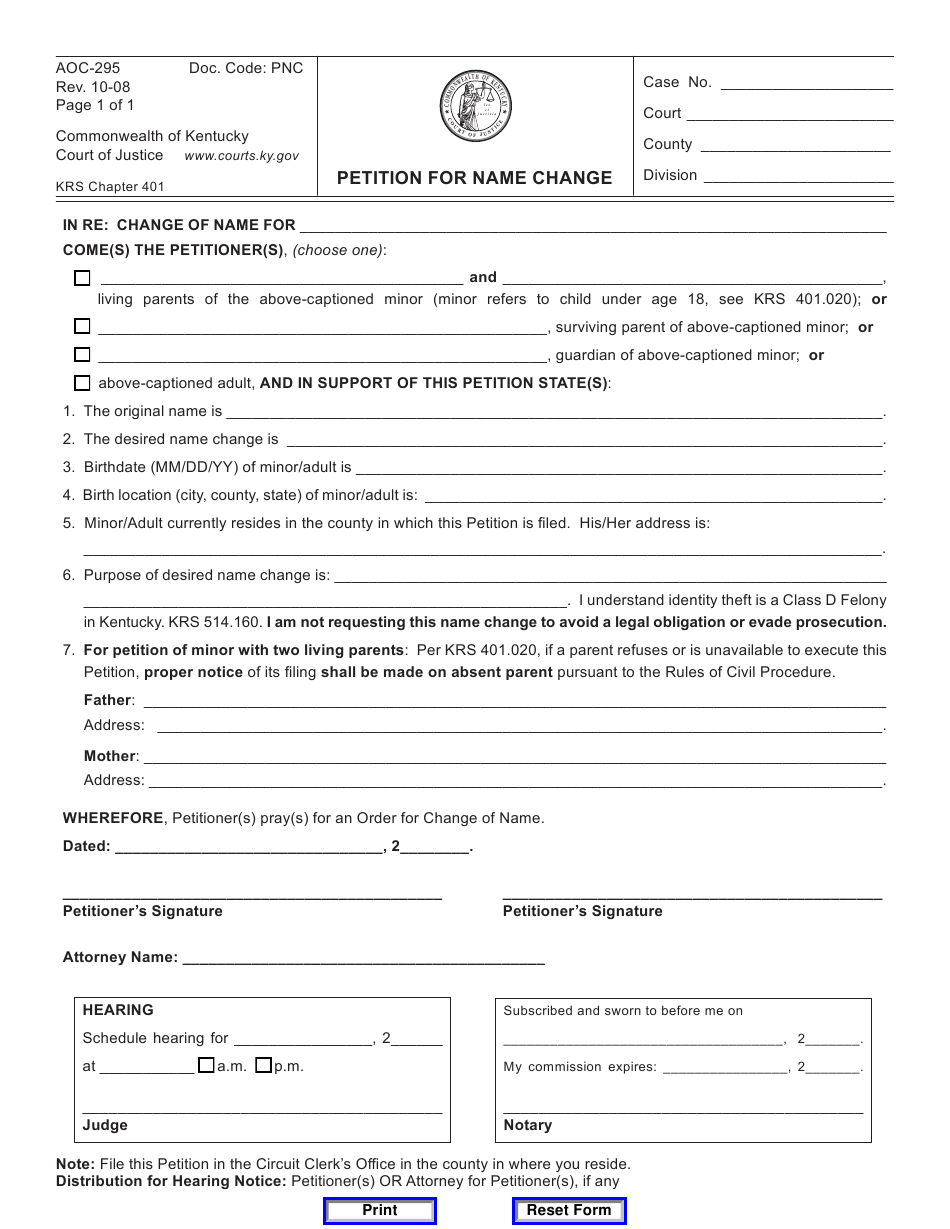 Form AOC 295 Download Fillable PDF Or Fill Online Petition For Name