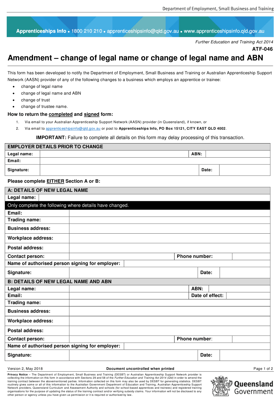 Form ATF 046 Download Fillable PDF Or Fill Online Amendment Change Of