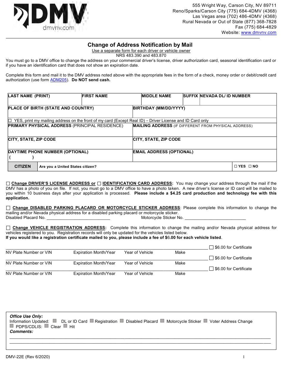Form DMV22 Download Fillable PDF Or Fill Online Change Of Address