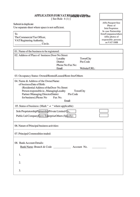Form Vat 100 Application For Vat Registration Printable Pdf Download