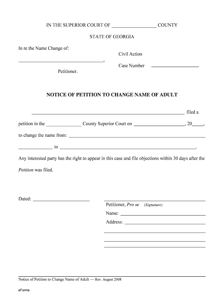 GA Notice Of Petition To Change Name Of Adult 2008 Fill And Sign