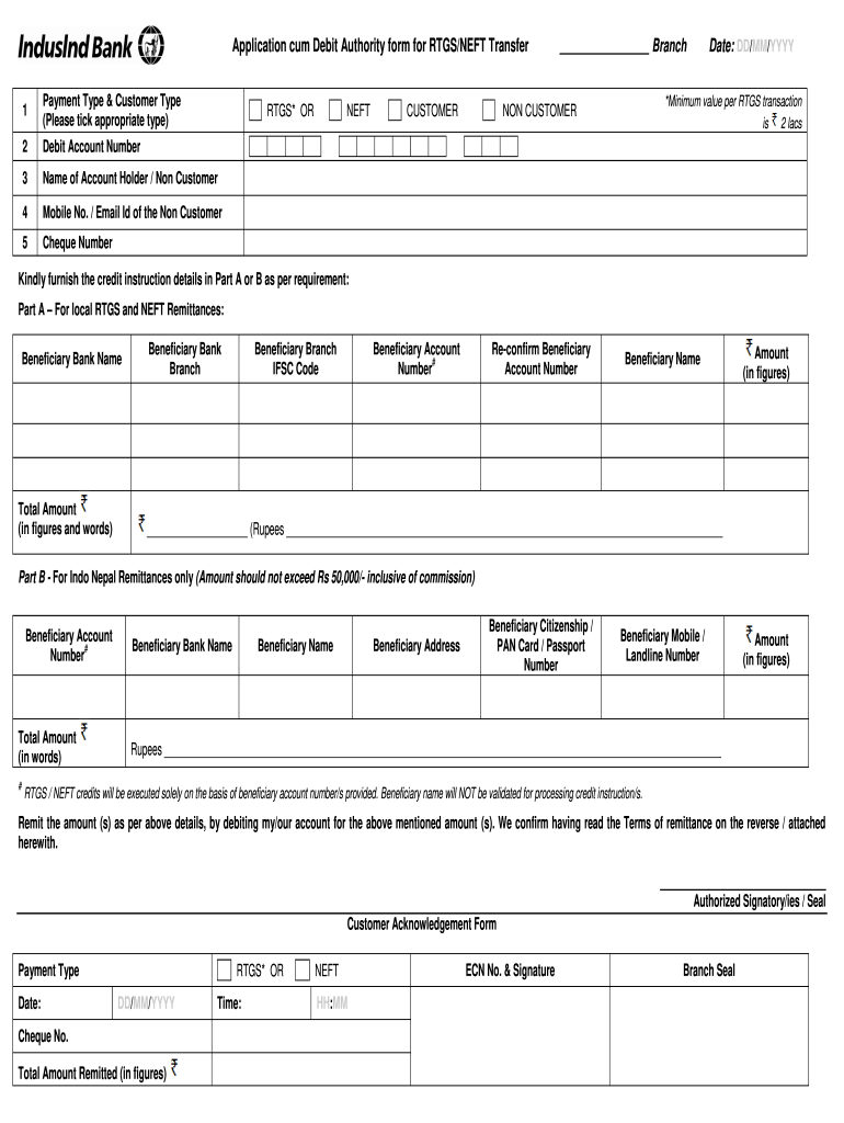 Indusind Bank Rtgs Form Fill Online Printable Fillable Blank
