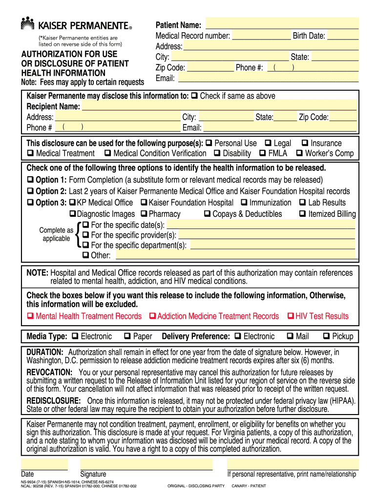Kaiser Release Of Information Form Fill Out And Sign Printable PDF 