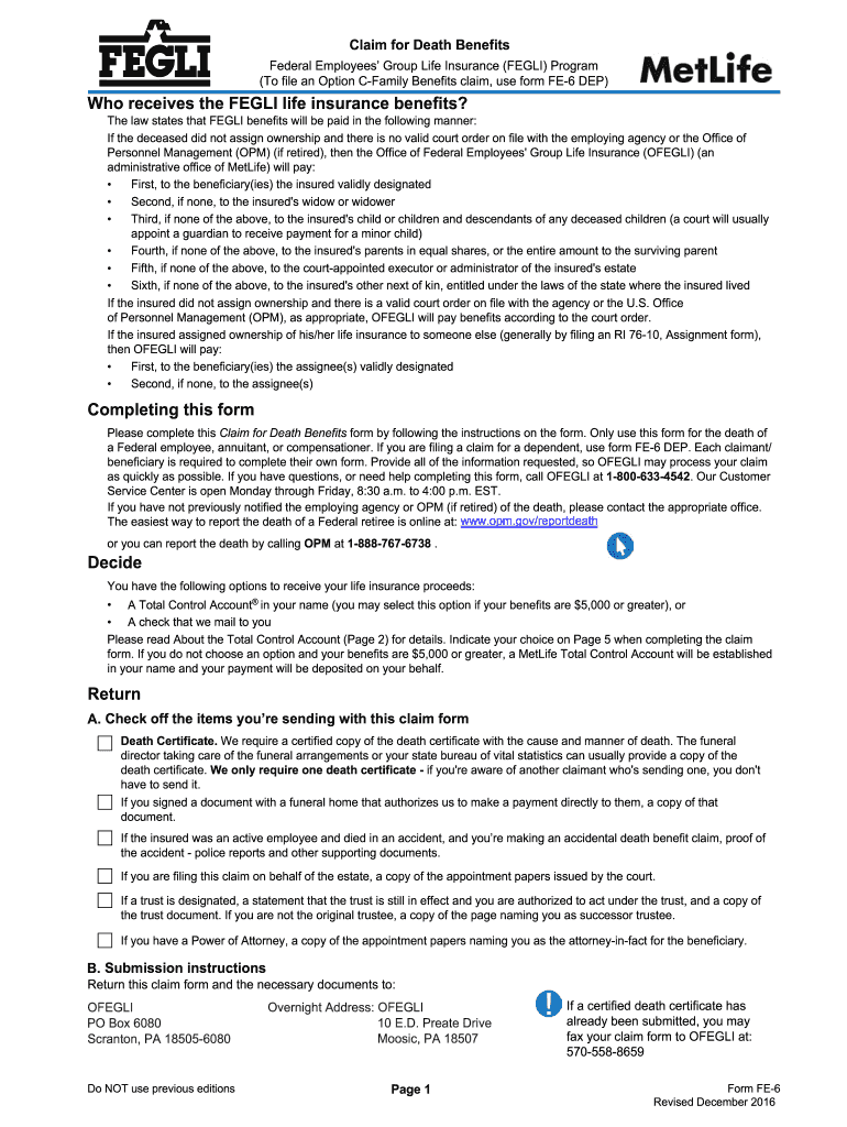 Metlife FEGLI Form FE 6 2016 2021 Fill And Sign Printable Template