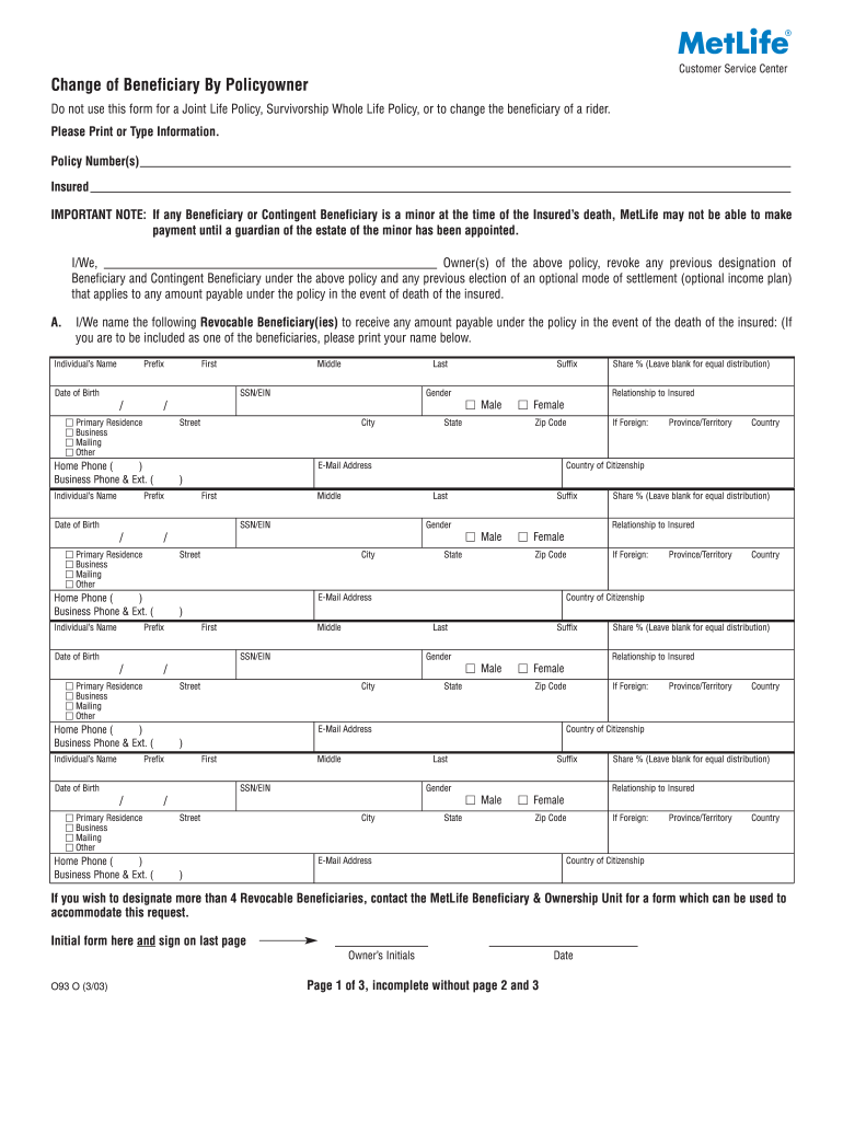 Metlife Life Insurance Beneficiary Change Form Fill Online Printable