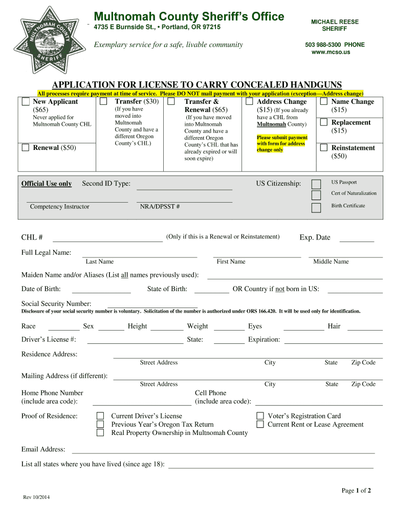 Multnomah County Concealed Carry Renewal Application Fill Out And 