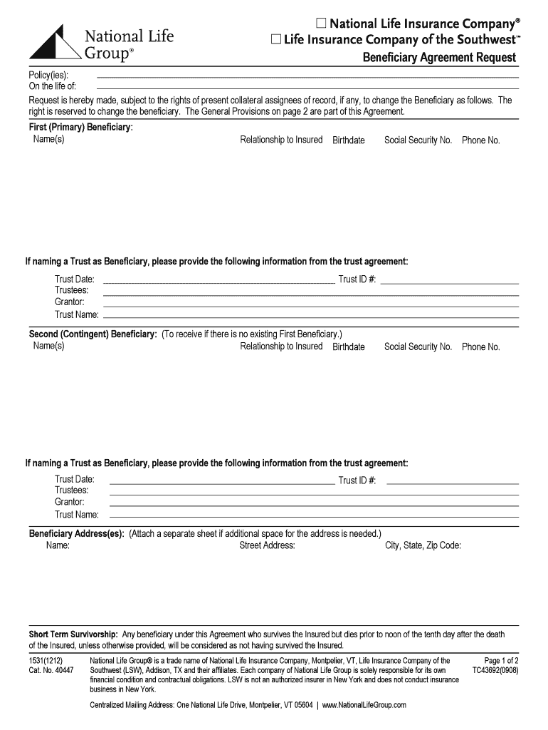 National Life Group Change Of Beneficiary Sample Fill Out And Sign 