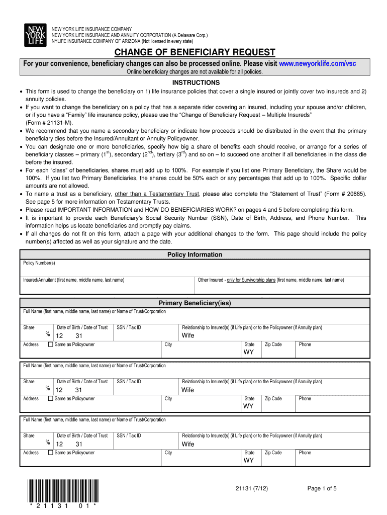 New York Life Change Of Beneficiary Form Fill Out And Sign Printable