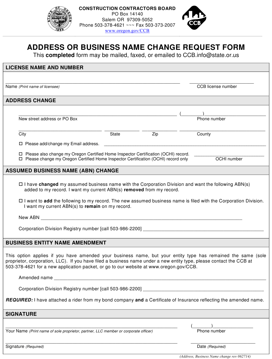 Oregon Address Or Business Name Change Request Form Download Printable
