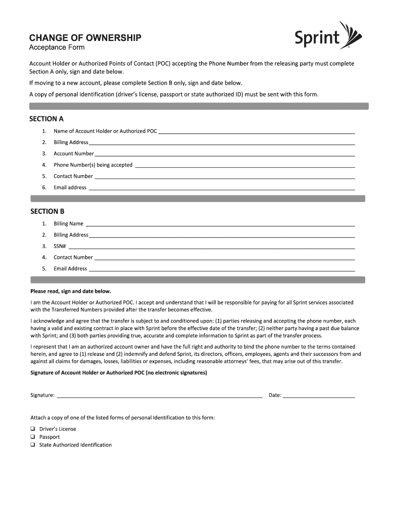 Sprint Change Of Ownership Fill Online Printable Fillable Blank