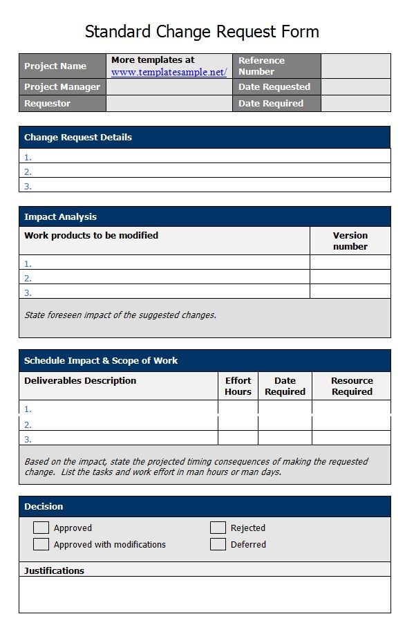 Standard Change Request Form Template Sample Templates Change