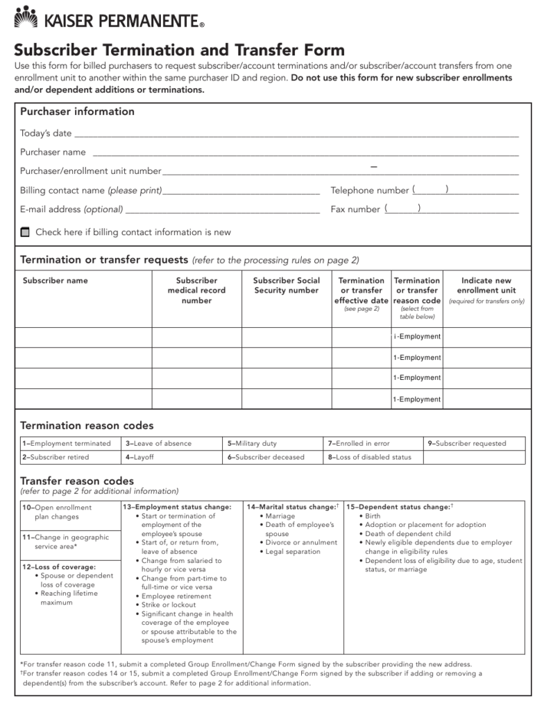 Subscriber Termination And Transfer Form Kaiser Permanente Download 