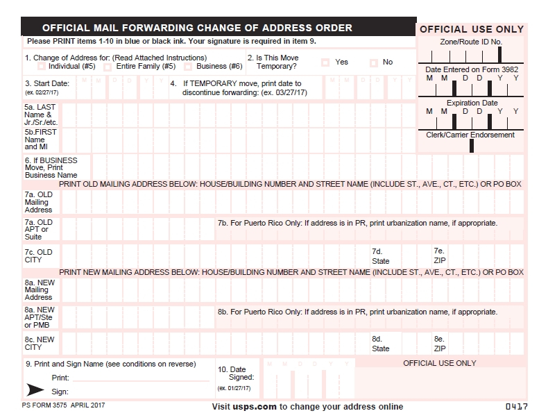 What Does PS Form 3575 Mail Forwarding Change Of Address Order Look Like 